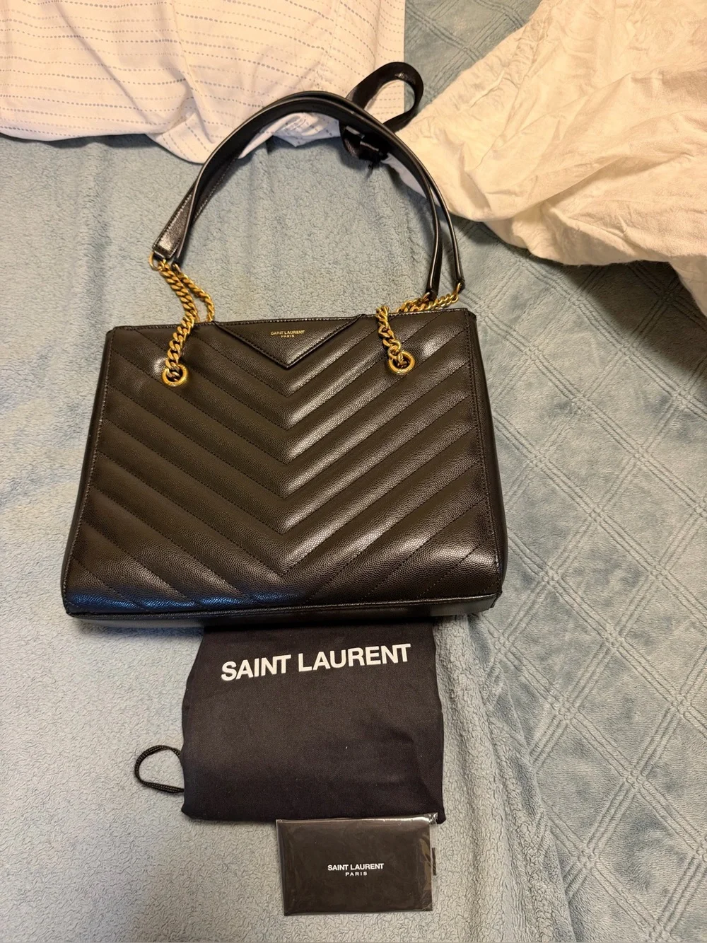 Saint Laurent Black Quilted Leather Shoulder Bag with Gold Chain Straps